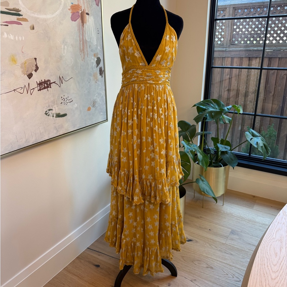 Rococo Sand Mustard Yellow Star Halter Maxi Dress